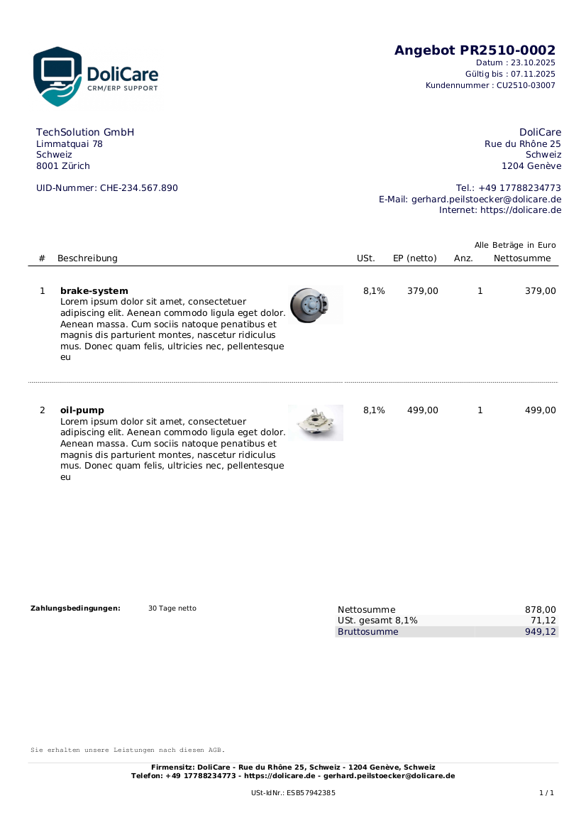 Beispiel einer professionellen Dolibarr Angebotsvorlage von DoliCare mit individuellen Design, Logo-Integration und GoBD-konformer Gestaltung